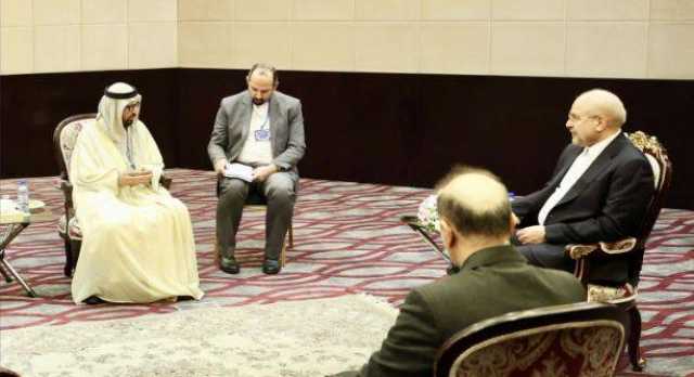 علي النعيمي ورئيس مجلس الشورى الإيراني يبحثان تعزيز العلاقات البرلمانية