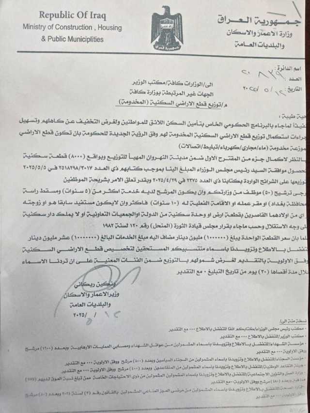 السوداني يوافق على منح قطع أراض سكنية للموظفين في النهروان ببغداد