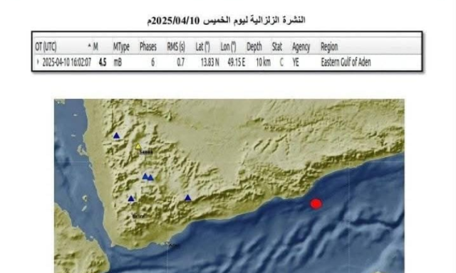 هزة أرضية بقوة 4.5 درجة تضرب خليج عدن