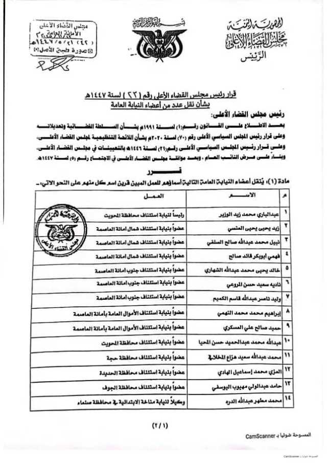 صنعاء: حركة تنقلات جديدة لاعضاء النيابة - اسماء