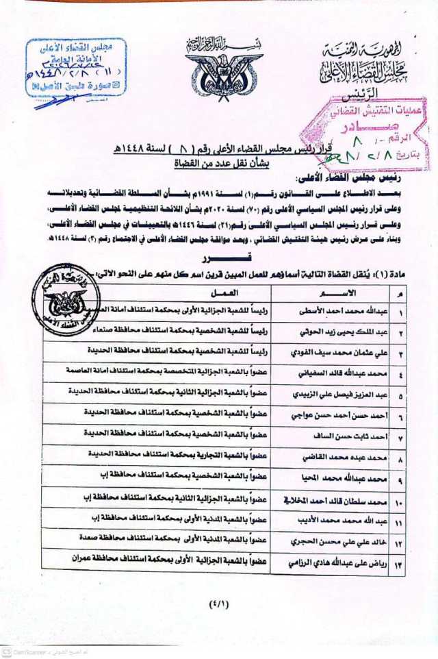 صنعاء: حركة قضائية بنقل 60 قاضيا .. اسماء
