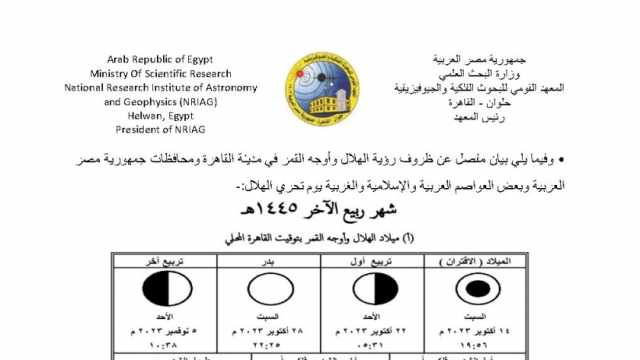 «القومي للبحوث الفلكية»: الاثنين المقبل غرة ربيع الآخر