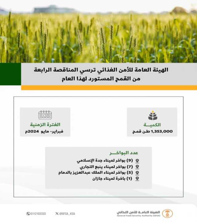هيئة الأمن الغذائي ترسي الدفعة الرابعة من القمح المستورد هذا العام