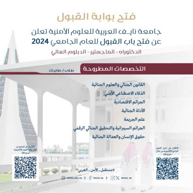 جامعة نايف العربية للعلوم الأمنية: فتح باب القبول للدكتوراه والماجستير والدبلوم العالي