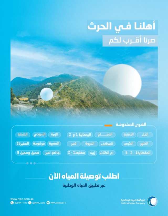 “المياه الوطنية” تنتهي من تنفيذ شبكات المياه في محافظة الحرث بجازان بتكلفة تجاوزت 86 مليون ريال