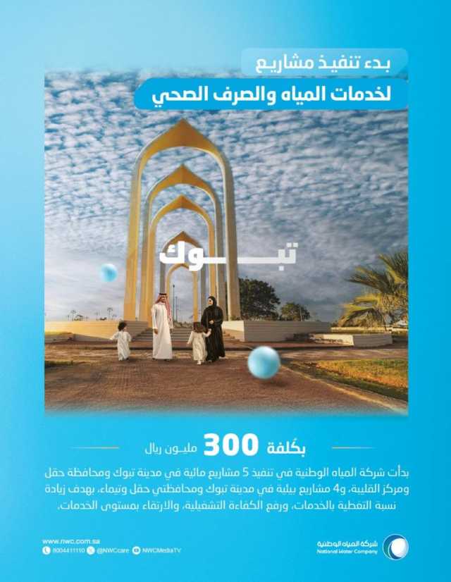 “المياه الوطنية” تبدأ تنفيذ 9 مشاريع في تبوك بـ300 مليون ريال لزيادة نسبة التغطية ورفع كفاءة التشغيل