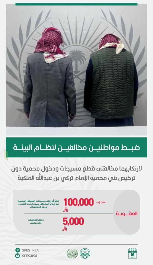 القبض على مخالفَين للأنظمة البيئية بمحمية الإمام تركي بن عبدالله الملكية
