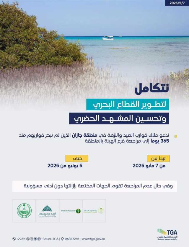 بدءًا من اليوم.. “النقل” تدعو ملاك القوارب المهملة في جازان لمراجعتها خلال شهر