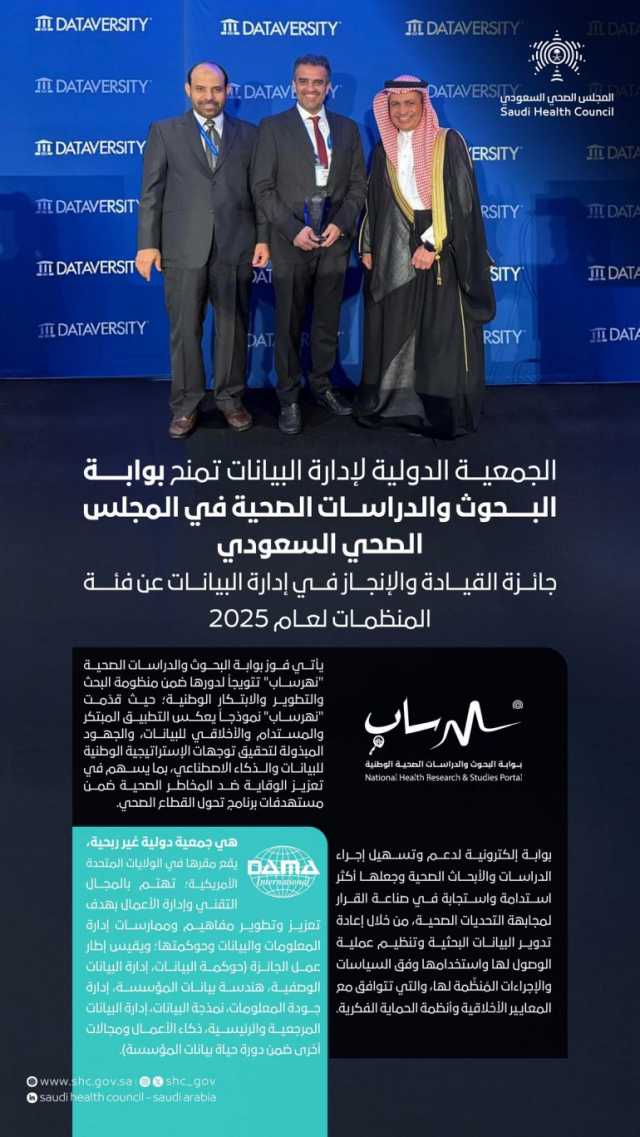 المجلس الصحي السعودي يحقق جائزة القيادة والإنجاز في إدارة البيانات عن فئة المنظمات لعام 2025