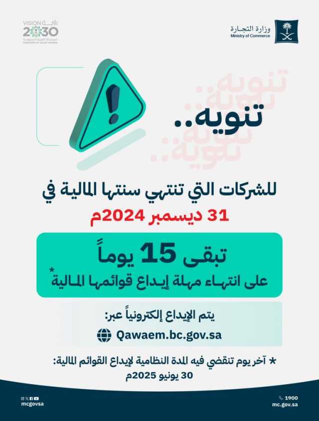 “التجارة”: 15 يومًا متبقية لإيداع القوائم المالية للشركات المنتهية سنتُها المالية بنهاية 2024