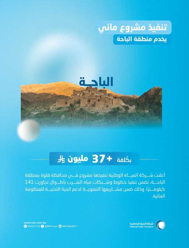 “المياه الوطنية”: انتهينا من تنفيذ مشروع شبكات المياه لخدمة قلوة بأكثر من 37 مليون ريال استعدادًا لموسم صيف الباحة