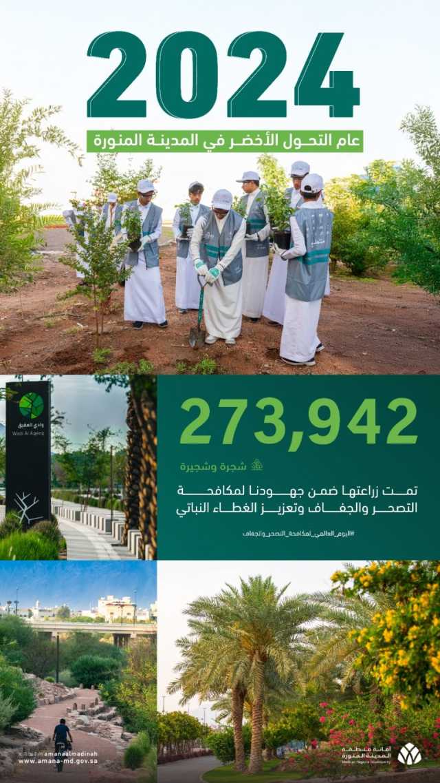 ضمن جهود مكافحة التصحّر وتنمية الغطاء النباتي.. زراعة أكثر من 237942 شجرة في المدينة المنورة خلال 2024م