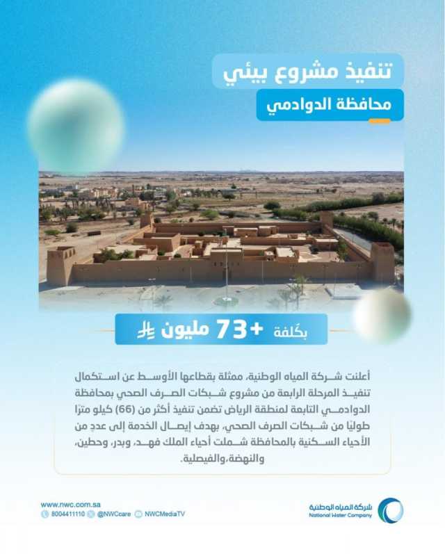 “المياه الوطنية” تُنفذ مشروع شبكات الصرف الصحي بمحافظة الدوادمي بأكثر من 73 مليون ريال
