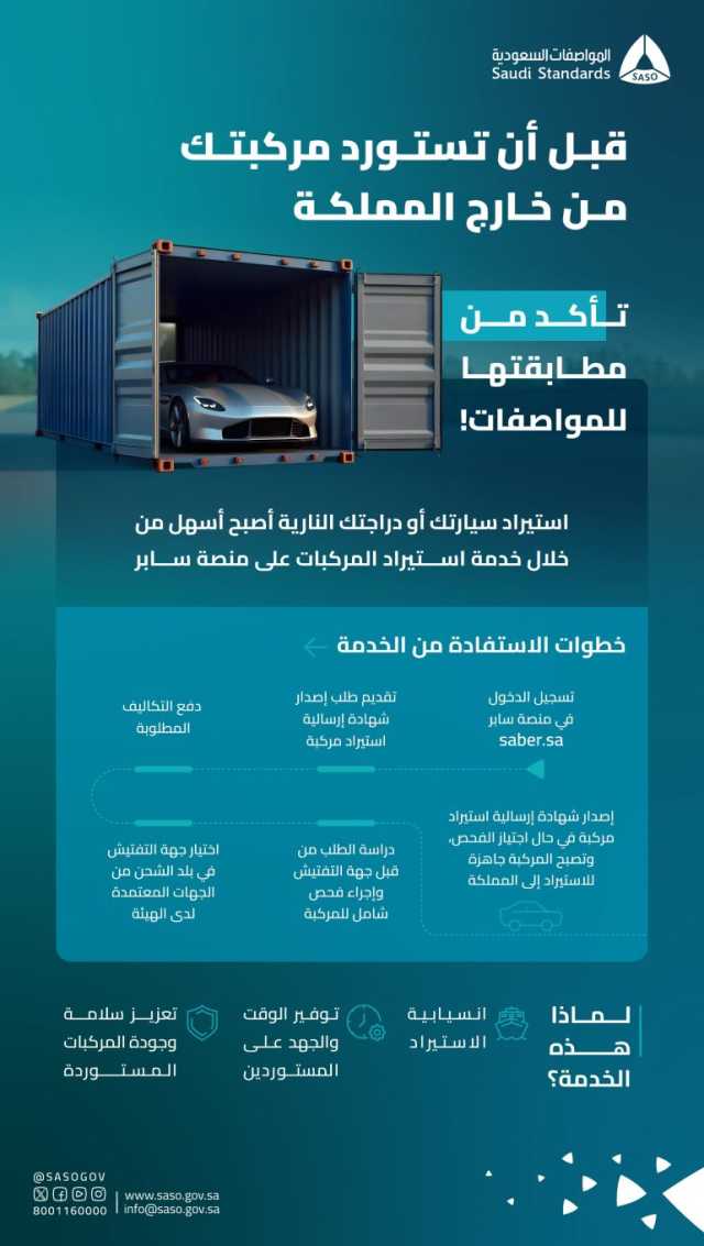 “المواصفات السعودية” تدعو الأفراد مستوردي المركبات إلى التحقق من مطابقتها للاشتراطات عبر منصة “سابر”