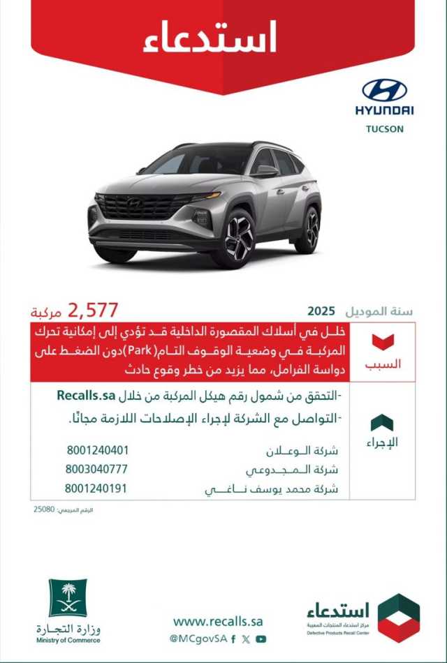 “التجارة” تستدعي 2.577 مركبة “هيونداي – توسان 2025” لخلل وضع الوقوف “Park”