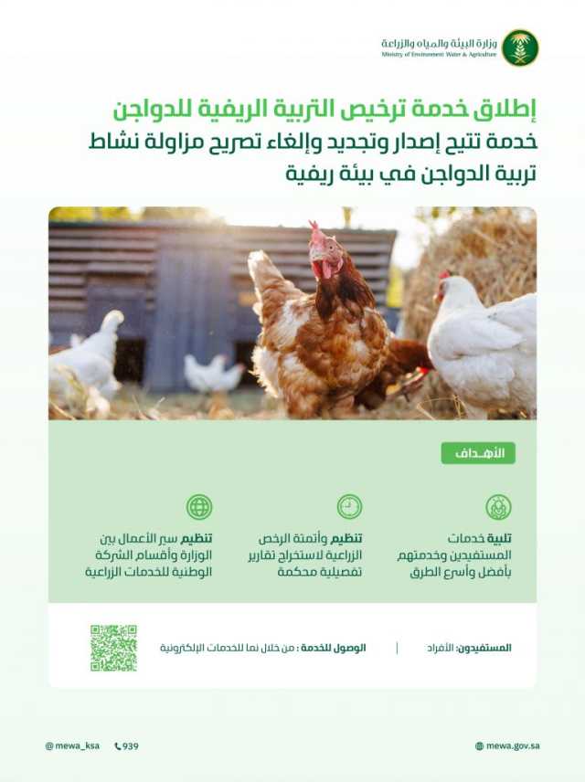 “البيئة” تُطلق خدمتَي ترخيص التربية الريفية للدواجن والماشية لدعم صغار المربين وتعزيز استدامة قطاع الثروة الحيوانية