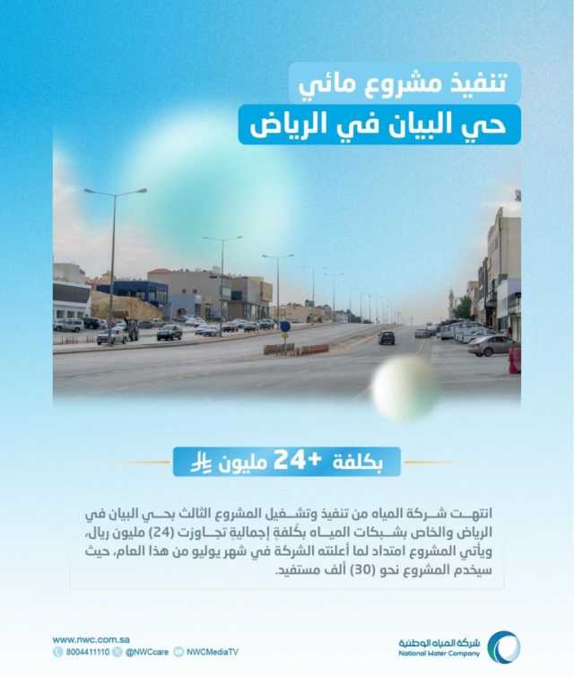 “المياه الوطنية” تدعو سكان حي البيان بالرياض لطلب الخدمة بعد الانتهاء من مشروع المياه به بأكثر من 24 مليون ريال