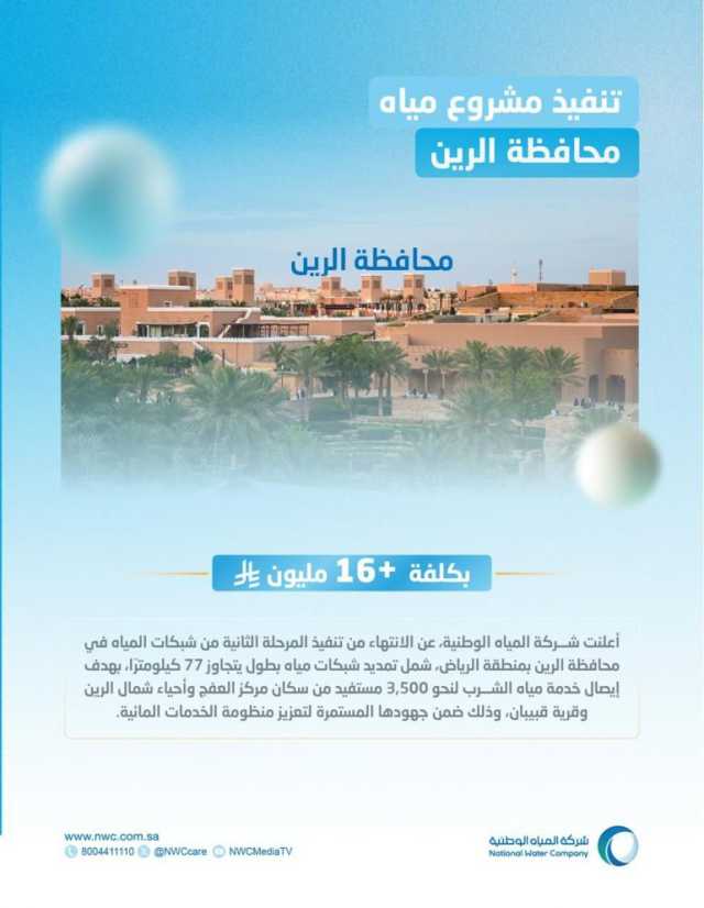 “المياه الوطنية” تُنجز المرحلة الثانية من شبكات المياه في محافظة الرين بتكلفة تتجاوز 16 مليون ريال