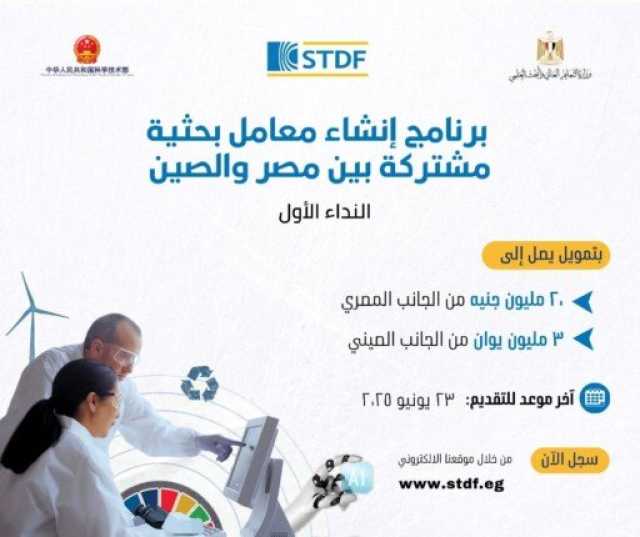 «تمويل العلوم والتكنولوجيا» تفتح باب التقديم لإنشاء معامل بحثية مشتركة مع الصين