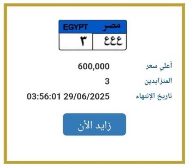 بـ 600 ألف جنيه.. المرور تطرح التزايد على لوحة سيارة مميزة