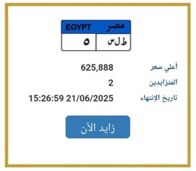 بـ 625 ألف جنيه.. المرور تطرح التزايد على لوحة سيارة مميزة