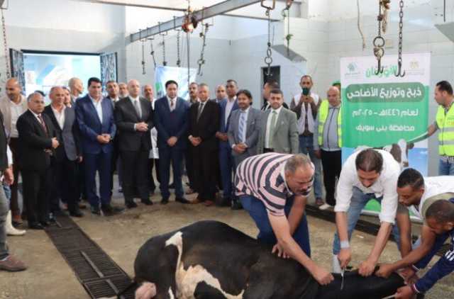محافظ بني سويف يشهد ذبح أضاحي الأورمان بمجزر اهناسيا لتوزيع لحومها