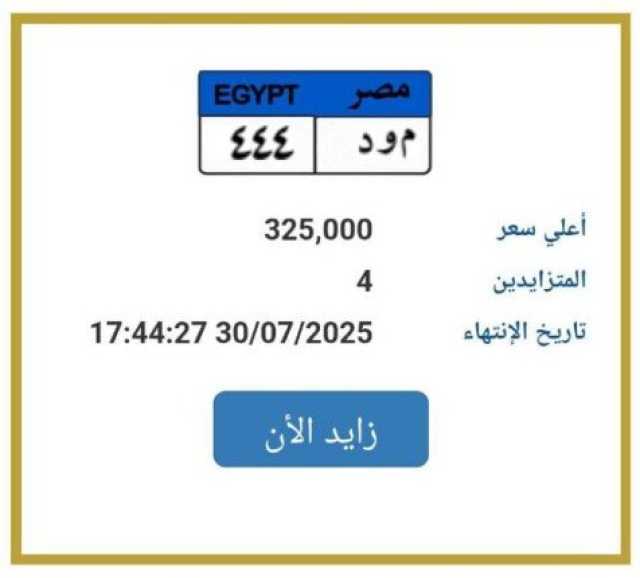 بـ 325 ألف جنيه.. «المرور» تطرح التزايد على لوحة سيارة مميزة