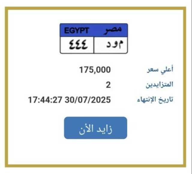 بـ 175 ألف جنيه.. «المرور» تطرح المزايدة على لوحة سيارة مميزة