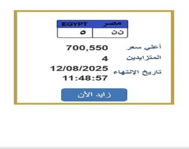 لوحة سيارة مميزة في مزايدة علنية بسعر يقترب من 700 ألف جنيه