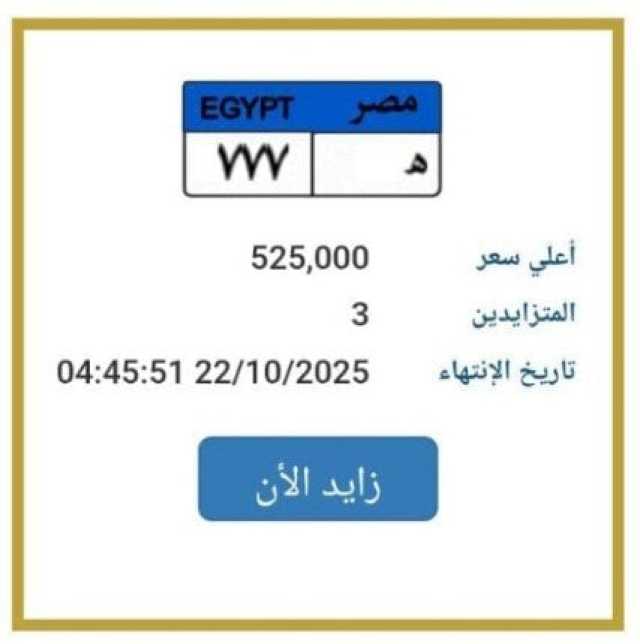 بـ 525 ألف جنيه.. مزاد علني على لوحة سيارة مميزة | اعرف الخطوات