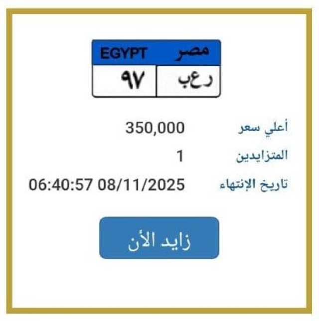 بـ 350 ألف جنيه.. المرور تطرح التزايد على لوحة سيارة مميزة