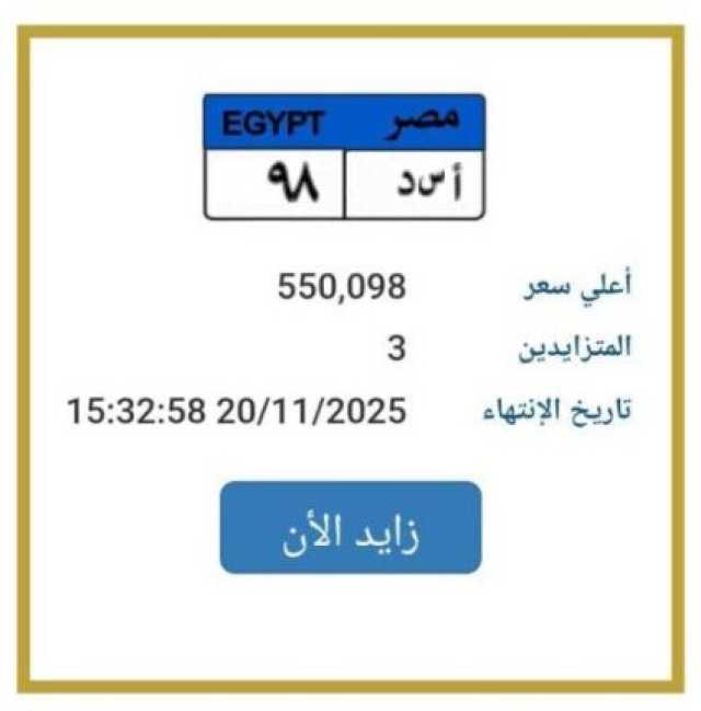 تخطت النصف مليون جنيه.. مزاد علني على لوحة سيارة مميزة للتزايد