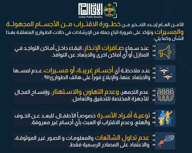 عاجل | الأمن العام يحذّر من خطورة الاقتراب من الأجسام والمسيّرات