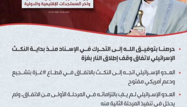 السيد عبدالملك بدرالدين الحوثي: حرصنا بتوفيق الله إلى التحرك في الإسناد منذ بداية النكث الإسرائيلي لاتفاق وقف إطلاق النار في غزة