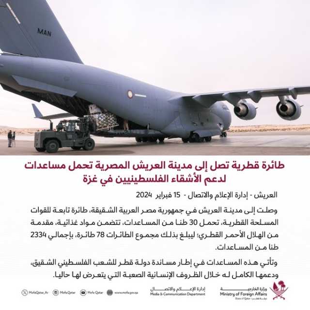 طائرة قطرية تصل إلى مدينة العريش المصرية تحمل مساعدات لدعم الأشقاء الفلسطينيين في غزة