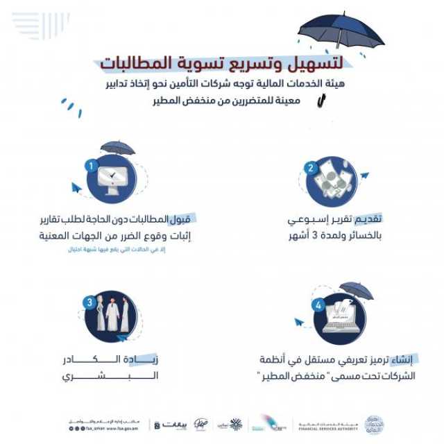 'الخدمات المالية' توجه شركات التأمين بتسريع تسوية مُطالبات 'منخفض المطير'