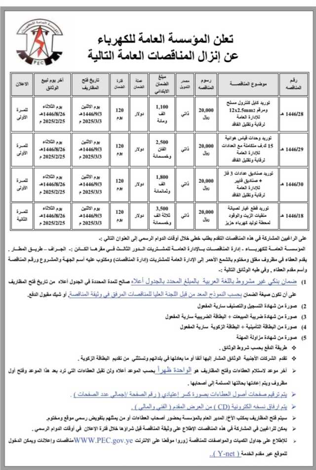تعلن المؤسسه العامة للكهرباء عن إنزال المناقصات العامة التاليه