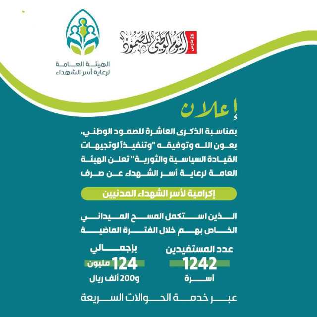 هيئة رعاية أسر الشهداء تعلن بدء صرف إكرامية لأسر الشهداء المدنيين