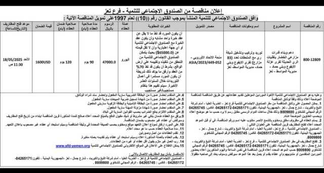 وافق الصندوق الأجتماعي للتنمية المنشأ بموجب القانون رقم(10) لعام1997 على تمويل المناقصة الاتية