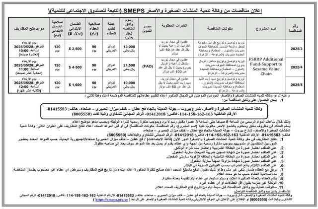 اعلان مناقصات من وكالة تنمية المنشآت الصغيرة والأصغر smeps (التابعة للصندوق الأجتماعي للتمنية )