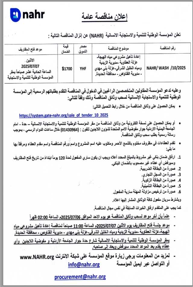 تعلن المؤسسة الوطنية والإستجابة الإنسانية عن إنزال مناقصة