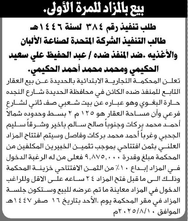 تعلن المحكمة التجارية بالحديدة عن بيع بالمزاد العلني للعقار التابع للمنفذهما ضده عبدالحفيظ الحكيمي و محمد الحكيمي