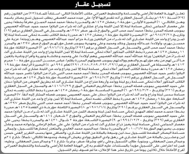 تعلن الهيئة العامة للأراضي فرع الأمانة أن الأخ علي عبده العصفي تقدم إليها بطلب تسجيل تسع بصائر باسمه