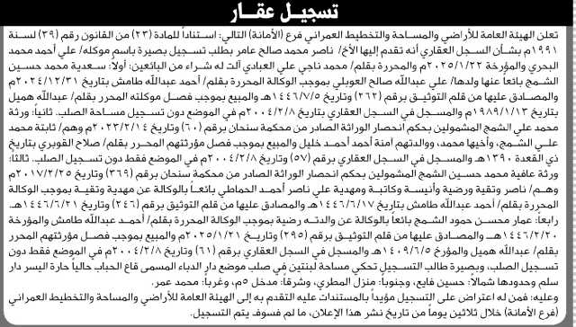 تعلن الهيئة العامة للأراضي فرع الأمانة أن الأخ ناصر عامر تقدم بطلب تسجيل بصيرة باسم موكله علي البحري