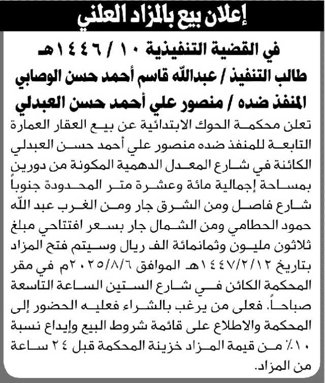 تعلن محكمة الحوك عن بيع العقار التابع للمنفذ ضده منصور العبدلي