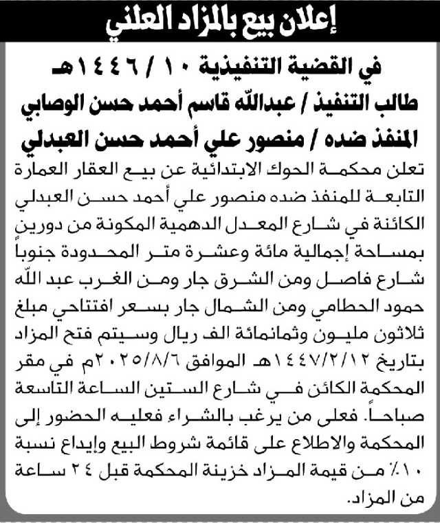 تعلن محكمة الحوك عن بيع العقار التابع للمنفذ ضده منصور العبدلي