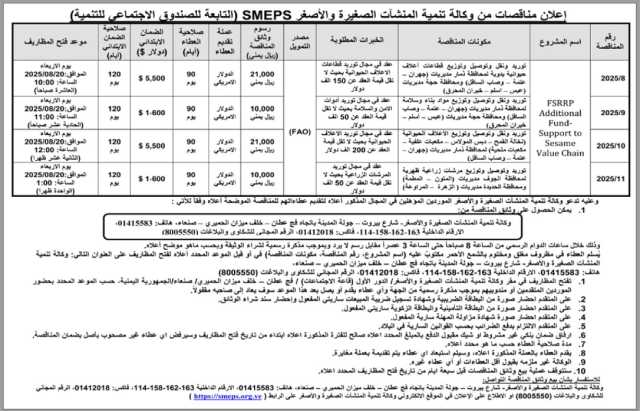 تعلن وكالة تنمية المنشآت الصغيرة والأصغر التابعة للصندوق الاجتماعي للتنمية عن إعلان مناقصات