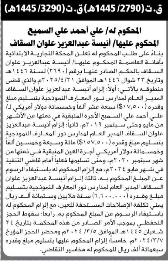 تعلن المحكمة التجارية الابتدائية بالامانة المحكوم عليها أنيسه السقاف بالحكم الصادر عنها برقم 2690