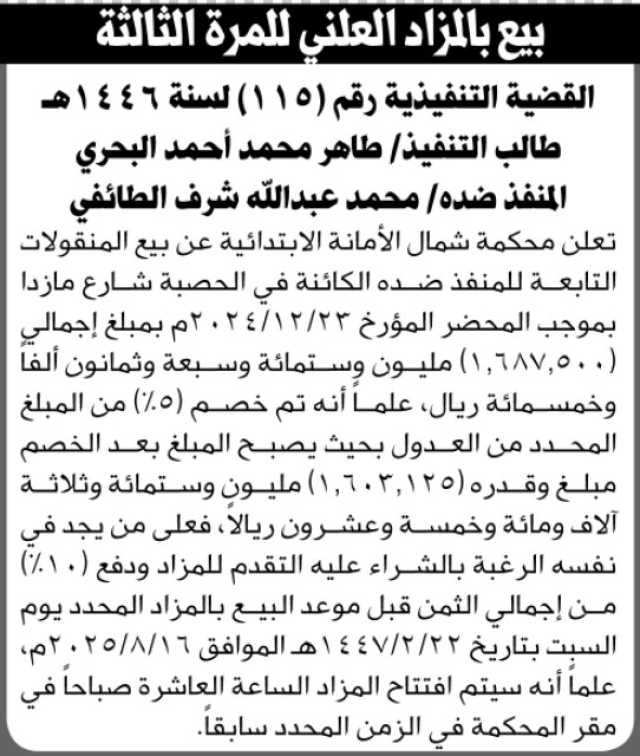 تعلن محكمة شمال الأمانة الابتدائية عن بيع بالمزاد العلني لمنقولات المنفذ ضده/ محمد عبدالله الطائفي