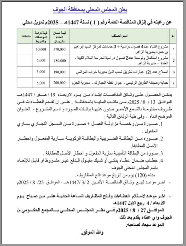 يعلن المجلس المحلي م/ الجوف عن رغبته في إنزال مناقصة عامة رقم (1)